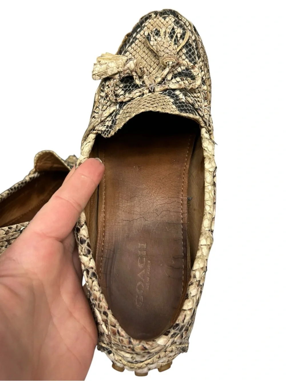 Coach Nadia Snakeskin Print Leather Driving Loafers Size 7 Tassel Loafers